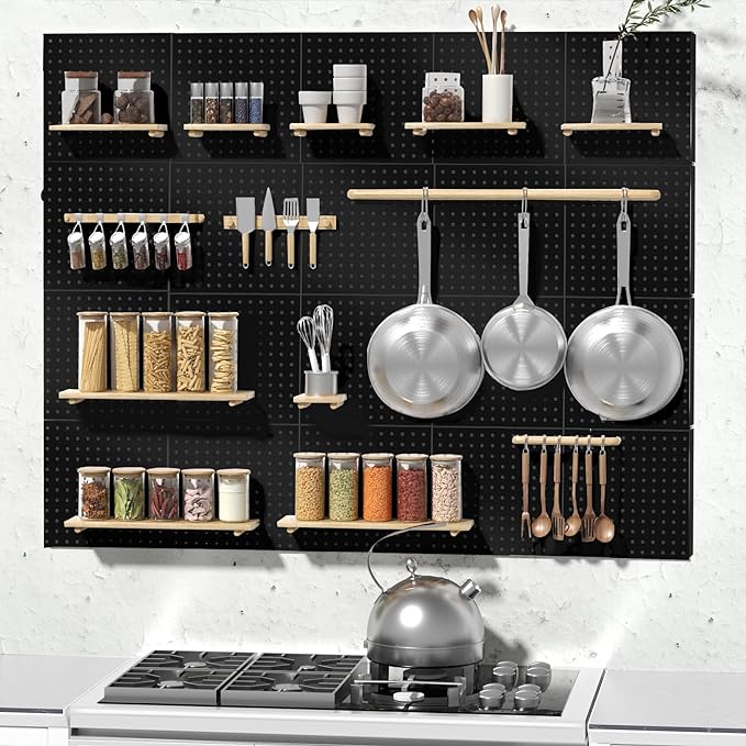 Peg Board, 4 Pack Metal Pegboard Kit,Black Pegboard Wall Organizer with 32 Pcs Hooks, Peg Board for Walls Home, Garage Tool S
