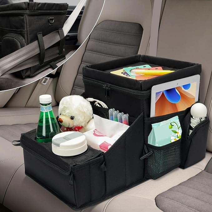 Backseat Organizer for Kids and Passenger Seat Organizer for Adults - Car Seat Cooler and Warmer with Cup Holders and Convertible Tray Lid(Black)