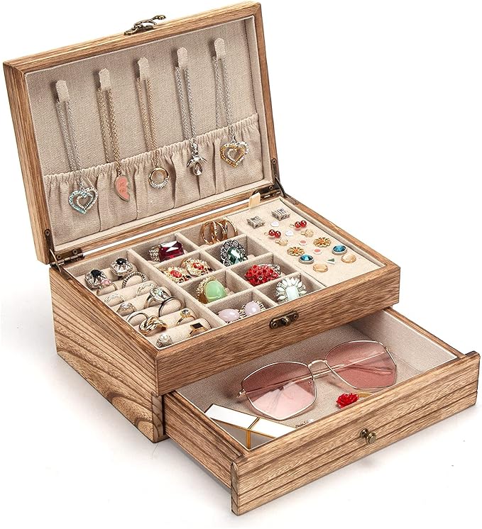 Pinzoveco Jewelry Box for Women, Rustic Wooden Jewelry Organizer Box for Storage Earrings Rings Necklace Bracelet, Farmhouse 