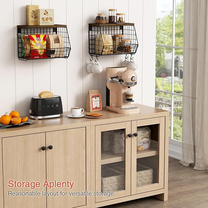 Goozii Hanging Wall Fruit Basket for Kitchen Counter 2 Pack, Stackable Wire Baskets for Organizing with Wood Lid, Potato and 