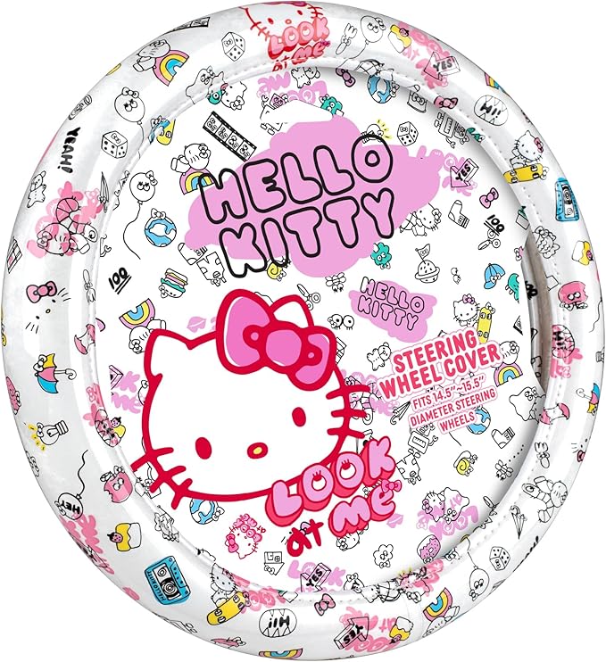 Hello Kitty Steering Wheel Cover, Official Sanrio Car Steering Wheel Cover with Universal Size 14.5-15, Cute White Hello Kitty Car Accessories for Women (Hello Kitty Look at Me)