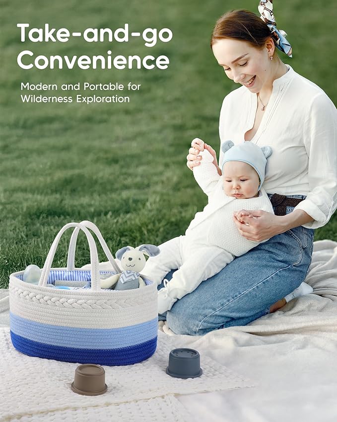 Maliton Baby Diaper Caddy Organizer, Cotton Rope Diaper Caddy Basket, Large Storage Basket for Newborn Boys and Girls, Gift f