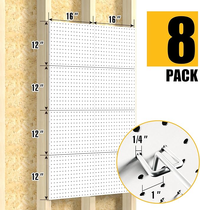 Spampur Peg Board, 8 Pack Metal Pegboard Panels with 50 Hooks, White Pegboards Wall Organizer, Peg Board for Walls Home, Gara