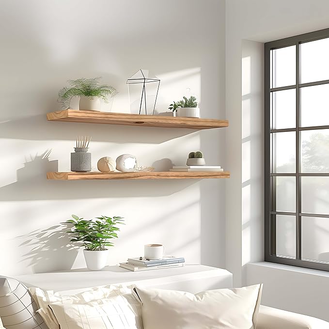 PHPH 36 Inch Wood Floating Shelves for Wall, Wooden Wall Shelves for Bedroom, Set of 4 Light Brown