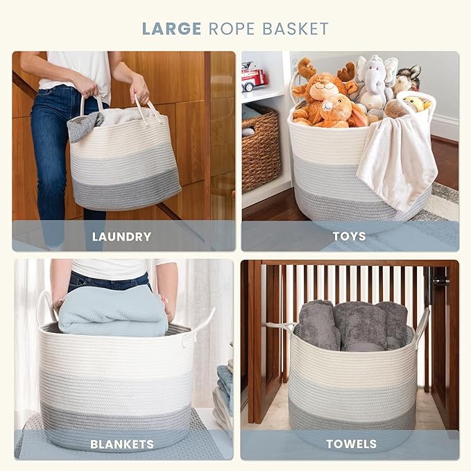 OrganiHaus Large Woven Storage Basket for Blankets and Toys 20" x 13" Inch, Rope Laundry Basket with Handles, Cushions & Pill