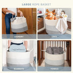 OrganiHaus Large Woven Storage Basket for Blankets and Toys 20" x 13" Inch, Rope Laundry Basket with Handles, Cushions & Pill
