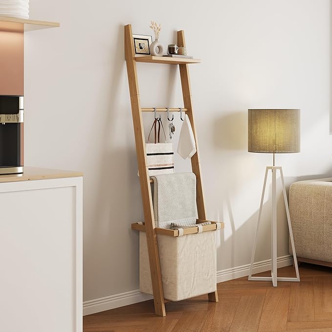 63" Bamboo Blanket Ladder with Shelf, Fabric Basket and 5 Hooks, 4 Tier Leaning Blanket Rack, Farmhouse Towel Ladder Rack, De
