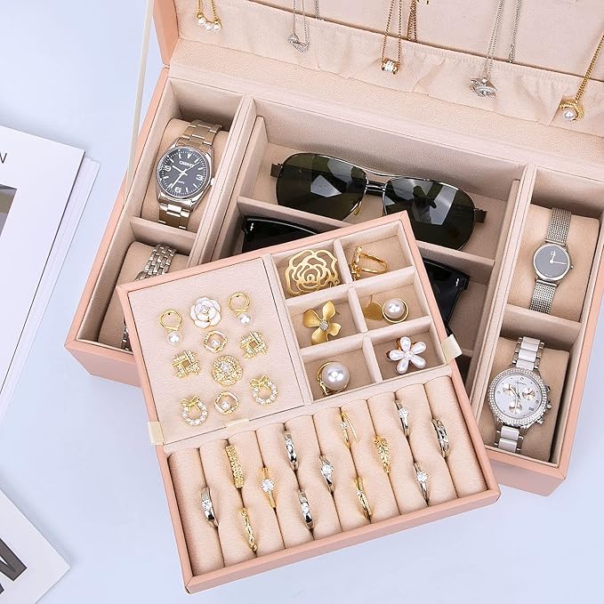 LANDICI Jewelry Box Organizer for Women, 2 Layer 4 Slot Watch Storage Case with Removable Tray, PU Leather Large Jewellery Ho