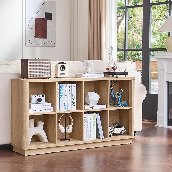 Joaxswe 8 Cube Storage Book Shelf, 52" Long Horizontal Bookshelf with Curved Edge, Floor Standing Wooden Cubby Bookcase with 