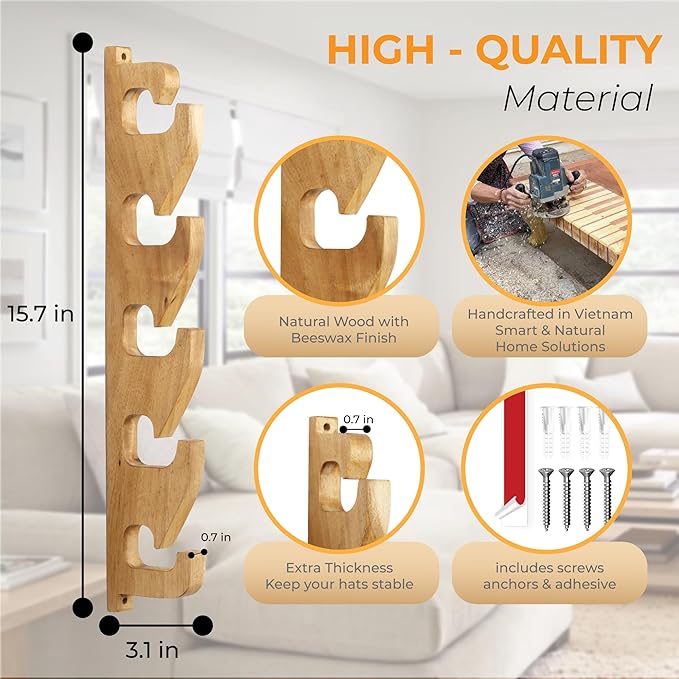 2 Pack Acacia Wood Hat Organizer for Wall – Vertical Baseball Cap Display Rack with 3 Hanging Options, Hat Holder with Adhesi