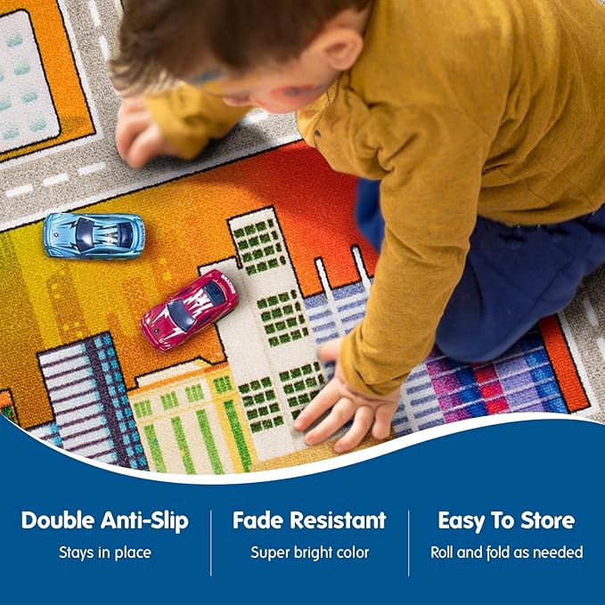 Booooom Jackson Kids Car Rug 39x79 inch, Car Mat for Kids Toy Cars,Road Carpet Playmat Rug,Buildings Parking Helipad Printed 