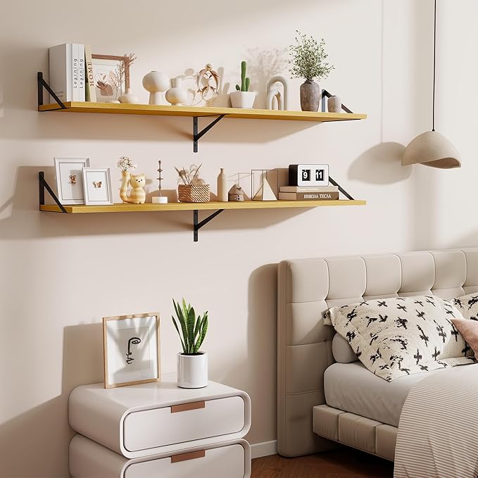 Deep Floating Shelves,55" Wx10 D Wood Wall Shelves Set of 2,Long Wood Floating Shelf with Metal Brackets,Floating Bookshelf f
