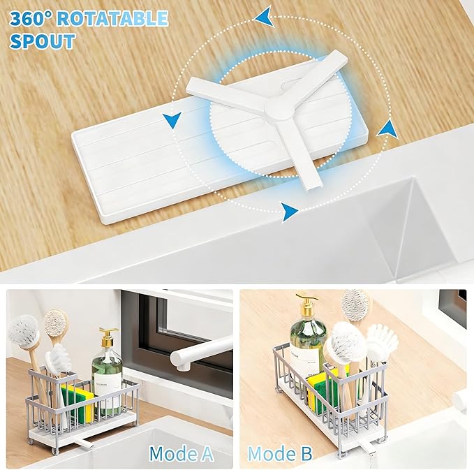 Cisily Sponge Holder for Kitchen Sink, Sink Caddy Organizer with High Brush Holder, Kitchen Countertop Organizers and Storage