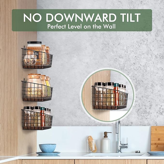 Wall Hanging Baskets 3 Pack, Diversified Wire Basket Shelves of Wooden Style, with Wall Mounted Hooks & Traceless Stickers, f