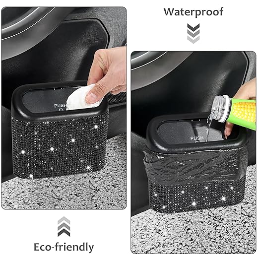 Accmor 2 Pack Bling Car Trash Can with Lid, Small Garbage Can, Auto Garbage Storage Bin with 90pcs Garbage Bags, Sparkling Crystal Trash Bags Holder for Car, Home, Office Storage (Black Rhinestone)