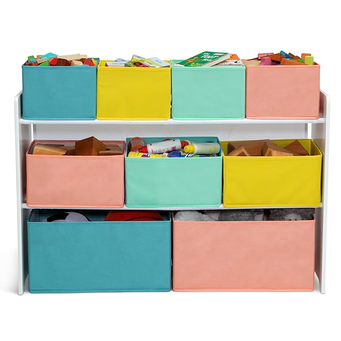 Delta Children Deluxe Multi-Bin Toy Organizer with Storage Bins - Greenguard Gold Certified, White with Blue/Orange/Pastel Bi