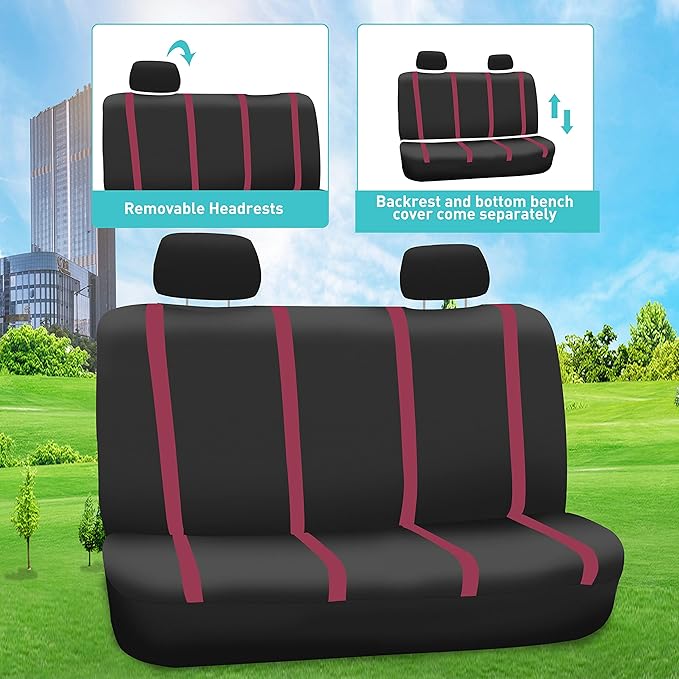 FH Group Unique Flat Cloth Full Set Car Seat Covers w. Silicone Steering Wheel Cover- Universal Fit for Most Cars, Trucks, SUVs or Vans (Burgundy/Black)