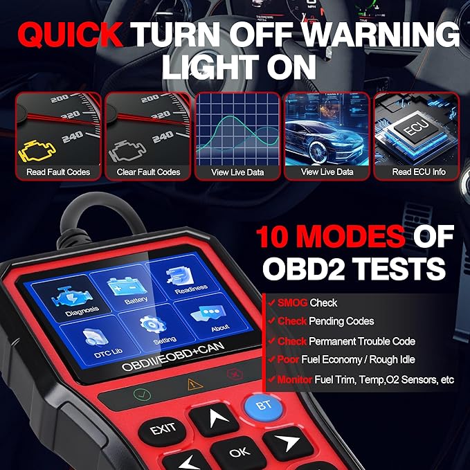 OBD2 Scanner Diagnostic Tool,Car Code Reader with Battery Tester, Check Engine Code Reader with Reset OBDII, Real-Time Date,