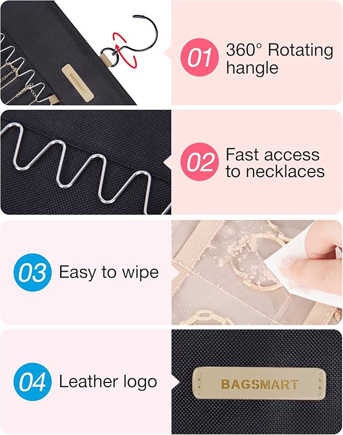 BAGSMART Hanging Jewelry Organizer Storage Roll with Hanger Metal Hooks Double-Sided Jewelry Holder for Earrings, Necklaces, 