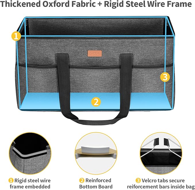 LHZK Stand Up Extra Large Utility Tote Bag with Lid, Utility Tote Bag with Metal Wire Frame and the Sides Rinforced, Reusable