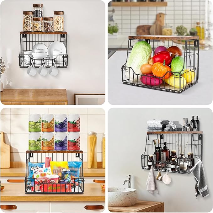 Livabber Fruit Basket for Kitchen, Metal Fruit Vegetable Storage Bin with 2 Banana Hangers, Countertop Wire Basket Organizer 