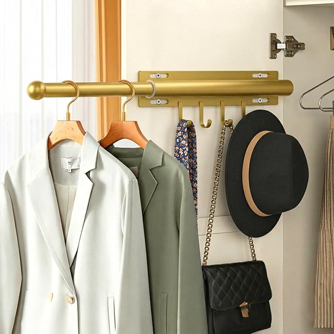Valet Rod for Closet Retractable with 4 Hooks, 13.4"-23.2" Pull Out Clothes Hanger Rail, Heavy Duty Alloy Steel Side Mount Wa