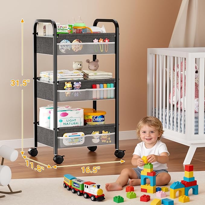 Baby Diaper Caddy Rolling Utility Cart, 3 Tier Baby Essentials Nursery Organizer and Storage with Dividers and Drawers for Cr