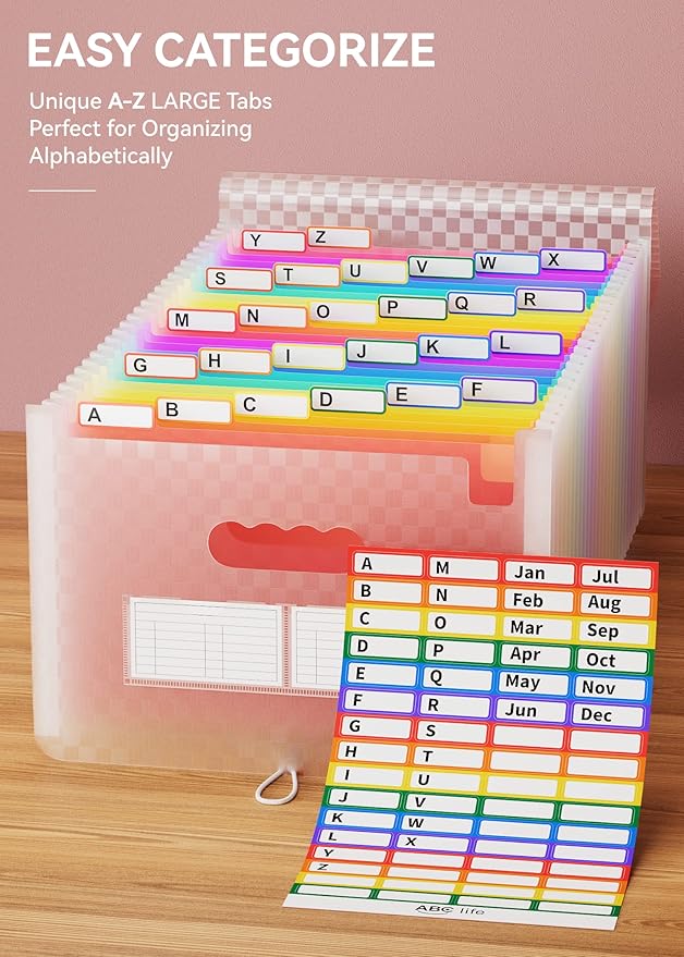 ABC life 26 Pockets Accordion File Organizer, Expanding File Folder, Portable Monthly Paper Bill Tax Receipt Organizer, Lette