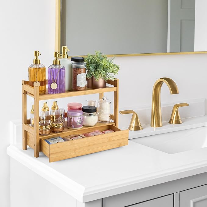 Sorbus Bamboo Bathroom Counter Organizer – 2-Tier Shelf with Hidden Drawer for Vanity, Matcha Station, Bathroom Sink Organize
