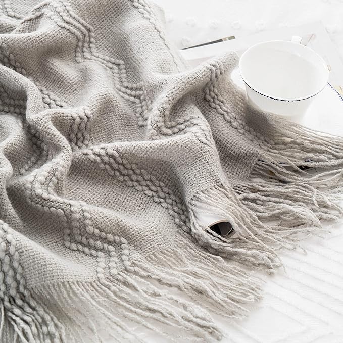 BATTILO HOME Light Grey Throw Blanket for Couch, Geometric Grey Bed Throws Decorative Boho Blanket for Sofa Living Room, 50"x