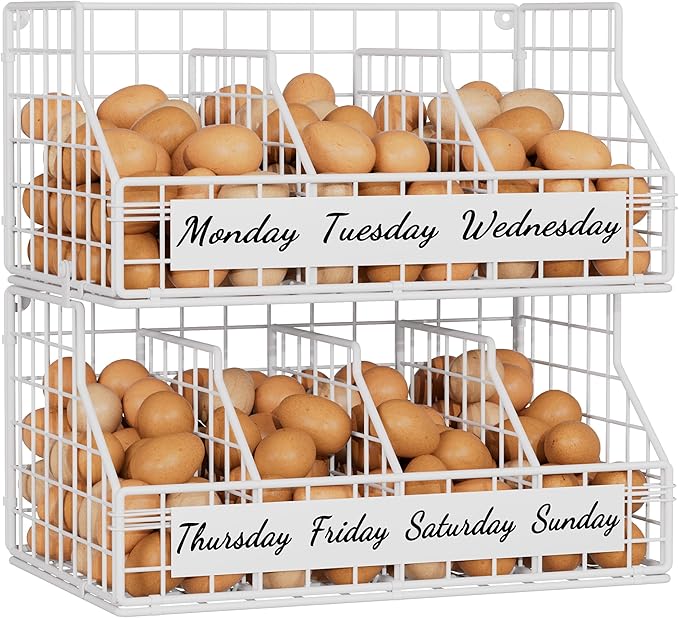 Egg Holder Countertop with 5 Dividers & Labels, 2 Tier Stackable Chicken Egg Baskets for Gathering Fresh Eggs, Egg Organizer 