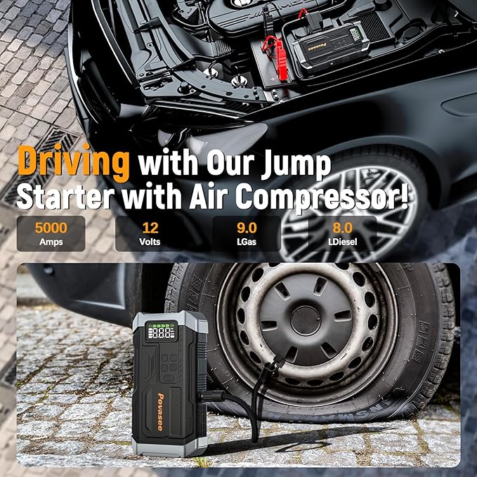 Povasee Jump Starter with Air Compressor 5000A Portable Jump Box up to 9L gas/8L Diesel,inflates Tires to 150PSI 12V Car
