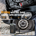 Povasee Jump Starter with Air Compressor 5000A Portable Jump Box up to 9L gas/8L Diesel,inflates Tires to 150PSI 12V Car