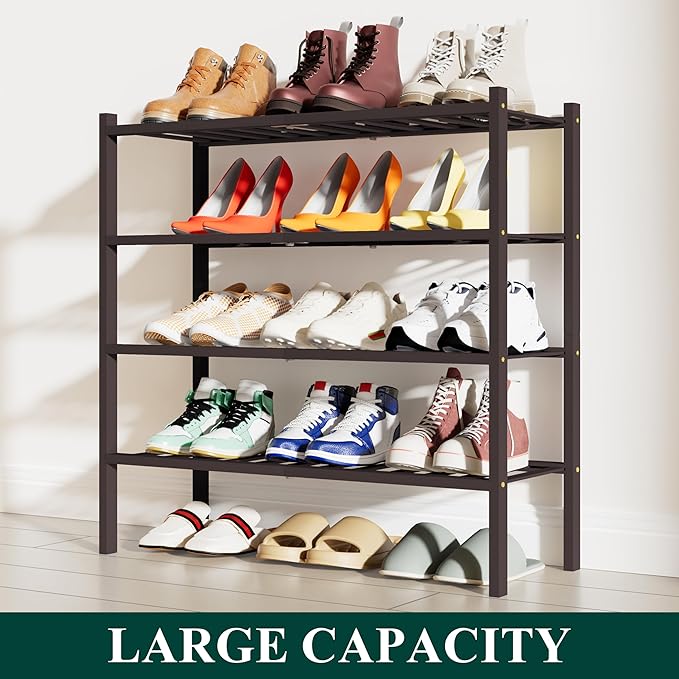 Smiry Shoe Rack, 4 Tier Bamboo Shoe Organizer, Stackable Free Standing Wooden Shoe Storage Shelf for Closet, Entryway, Front 