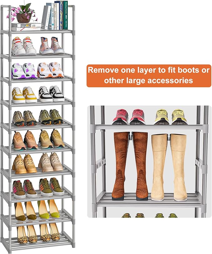 OYREL 10-Tier Metal Shoe Rack, Narrow Shoe Rack Organizer, Sturdy Shoe Shelf for Closets, Entryway, Bedroom, Garage - Silver