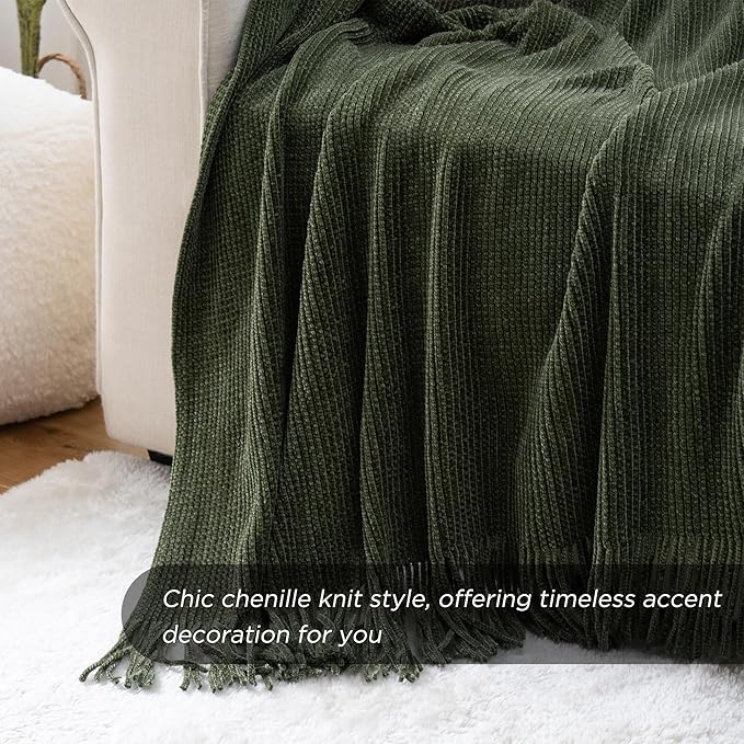 BATTILO HOME Olive Green Throw Blanket for Couch, Soft Chenille Knit Throws with Tassels for Home Decor, Green Throws for Cou