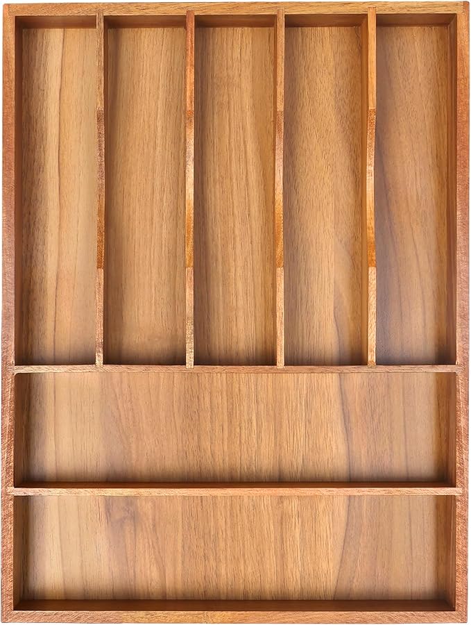 Bellsal Bamboo Silverware Organizer, 12"x15.7" Utensil Holder Cutlery Tray with Grooved Drawer Dividers for Kitchen Flatware,