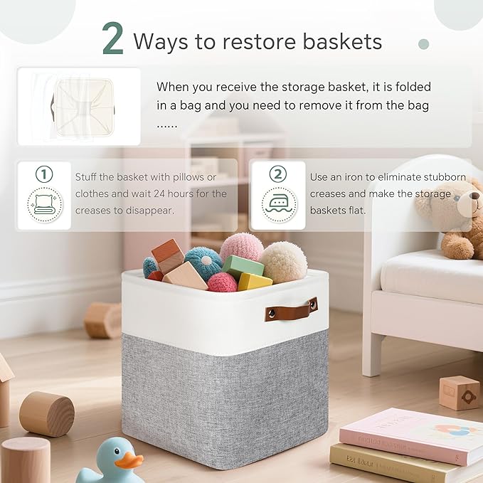 FinishingBo Cube Storage Baskets 6 Pack, 11x11 inch Cube Storage Bins with Leather Handles for Shelf Closet (White/ Gray)
