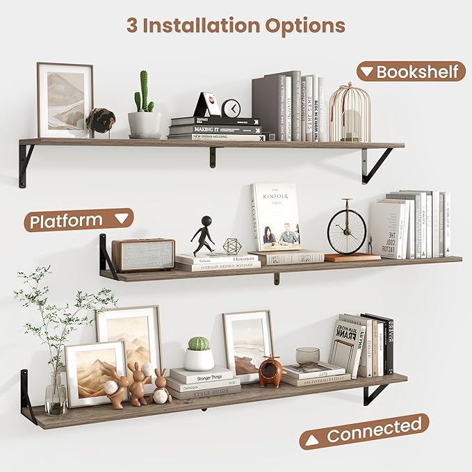 Axeman 48 Inch Floating Shelves | 8 Inch Deep Grey Wall Shelves Set of 2 | 47.3" W x 8" D Rustic Grey Wood Shelves for Bathro