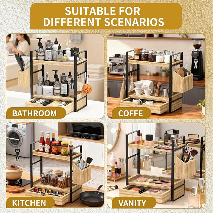 2-Tired Bathroom Counter Organizers and Storage, Bathroom Countertop Organizer with Drawer, Solid Wood Skincare Perfume Organ