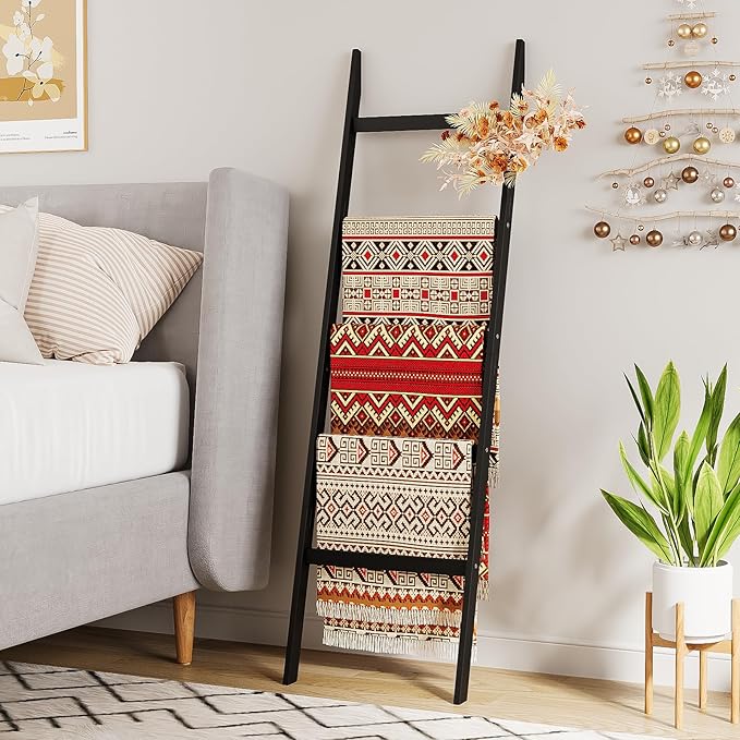 Blanket Ladder Towel Racks For Bathroom 5 Layers Towel Holder 100% Bamboo Wood Sturdy Construction No Need Wall Drilling Quil