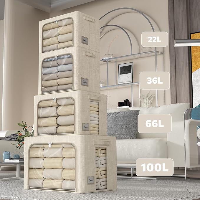 FHSQX 6 Pack Clothes Storage Bins with Metal Frame Foldable Storage Bins for Clothes Linen Fabric Storage Box with Clear Wind