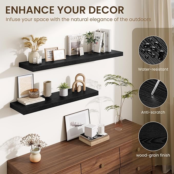 Fun Memories Floating Shelves Set of 2, 40 Inch Long Wooden Wall Shelves, 10 Inch Deep Wall Mounted Storage Shelf with Metal 