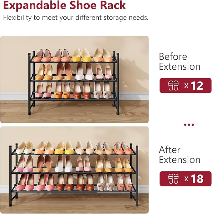 Tajsoon Expandable Shoe Rack for Closet 3 Tier, 28“-41“Adjustable & Stackable Shoe Shelf Storage, Metal Shoe Rack Organizer f