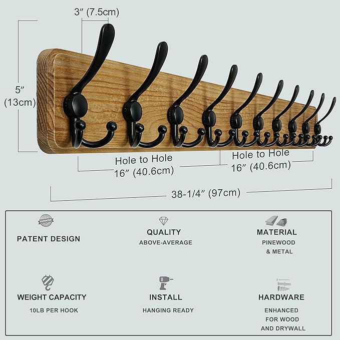 Dseap Coat Rack Wall - Heavy-Duty 38-1/4" Long, with Reinforced 10 Custom Tri-Hooks, Solid Wood Wall Hanger for Coats Hat Jac
