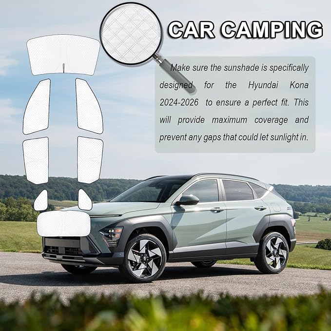 KMF 8pcs Thicken Sun Shade for Hyundai Kona 2024 2025 2026 Accessories,Full Car Window Covers Sunshade for Windshield Side Rear, Sun Visor UV Block and Blackout Privacy for Camping Outdoor