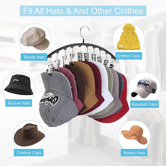 Hat Hangers for Closet, Metal 1 Pack Hat Organizer Holder for Hanger Closet Display, Hat Racks for Baseball Caps w/10 Clips, 
