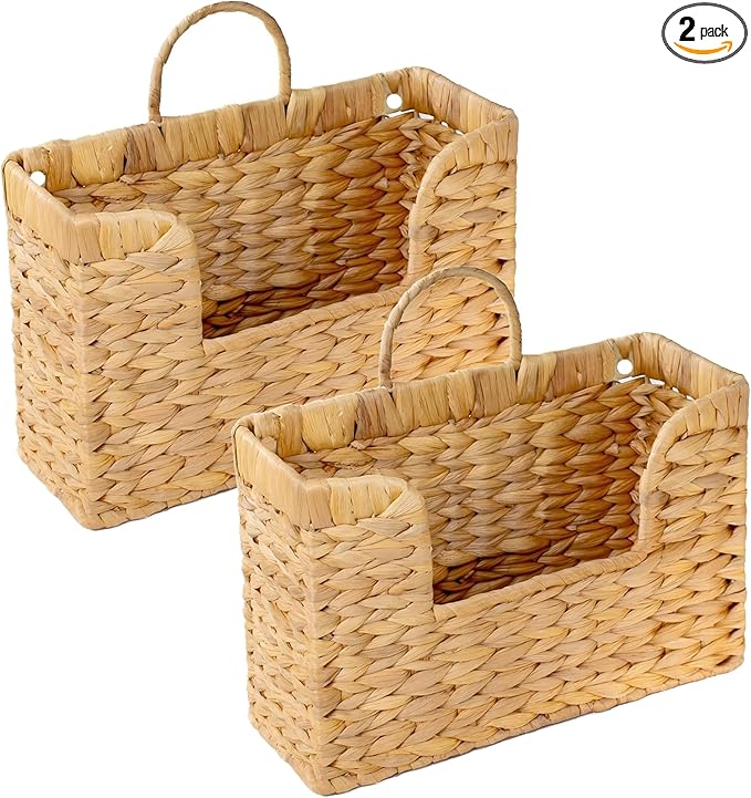 Set of 2 Magazine Holder Wall Basket Water Hyacinth Woven Mail Organizer, Wicker Wall Hanging Baskets for Magazines, Letters 