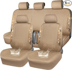 CAR PASS Beige Oxford Bling Diamond Car Seat Covers Full Set Interior Sets, Waterproof Shining Glitter Sparkly Crystal Univer