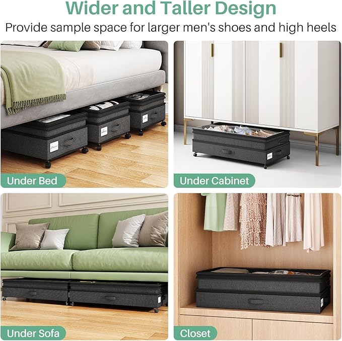 Kitstorack 2Pack Height-adjustable Under Bed Storage with Wheels, Under Bed Storage Containers,Under Bed Shoe Storage Organiz